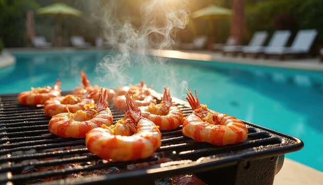 Grilled shrimp sizzle on barbecue grill beside sparkling blue swimming pool. Sunny summer day enhances delicious seafood feast, perfect for poolside parties, outdoor cooking, vacation relaxation. - Powered by Adobe