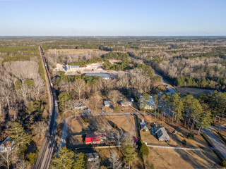 Aerial landscape rural Dearing in winter after Hurricane Helene in McDuffie Augusta Georgia