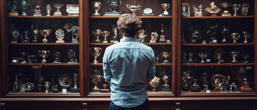 Person observing collection of trophies and sculptures in glass display case