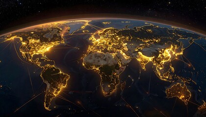 A night view of Earth from space, showing illuminated continents and connected networks of light across oceans