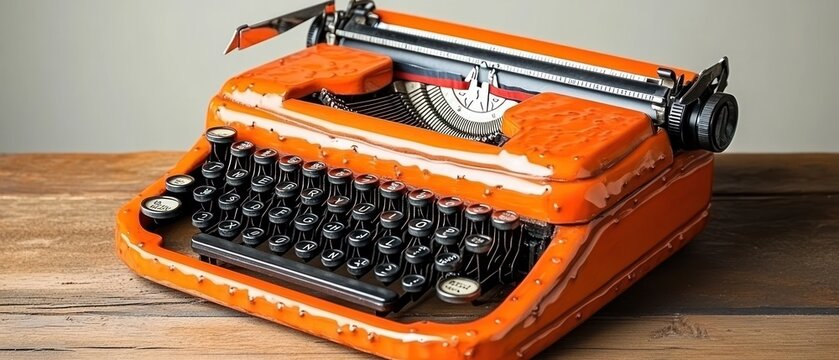 Vintage orange typewriter on wooden desk retro writing machine textured keys office technology creative design