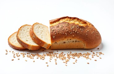 Freshly baked organic bread loaf, sliced and sprinkled with flax seeds. This delicious, healthy food product features a rich brown crust and soft crumb, perfect for breakfast or as a tasty snack.
