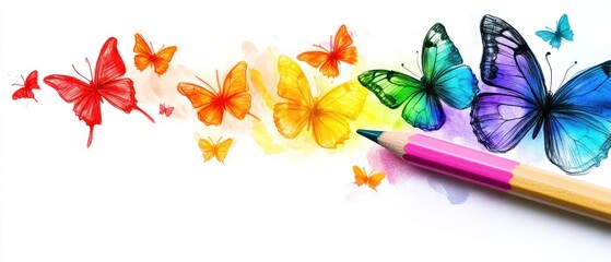 Rainbow butterflies watercolor pencil sketch whimsical nature art design