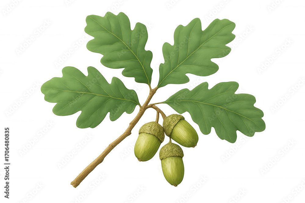 Poster sprig of common oak tree with green leaves and acorns isolated on transparent background, suitable f
