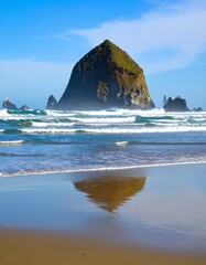 Coastal rock formation reflecting in tranquil water
