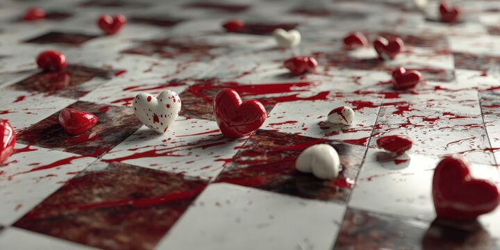Red and White Hearts Falling Near Spilled Paint on Checkerboard Floor