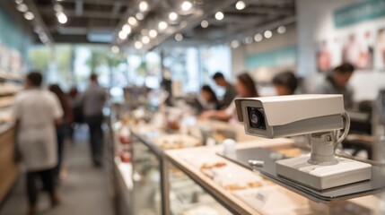 Motionsensitive security camera capturing activity at a counter showing the device clearly while the background of moving employees and shoppers is artistically out of focus.