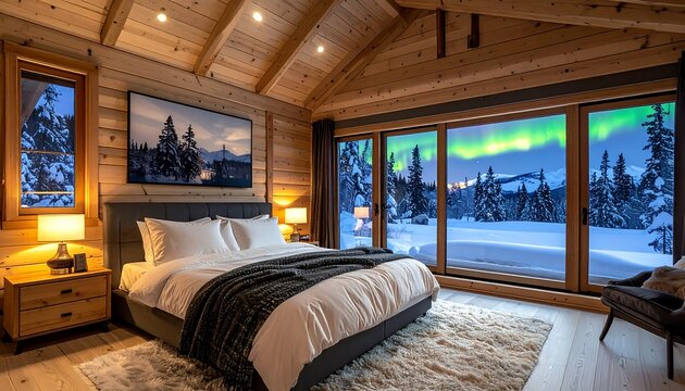 Cozy bedroom with aurora borealis view (1) - Powered by Adobe