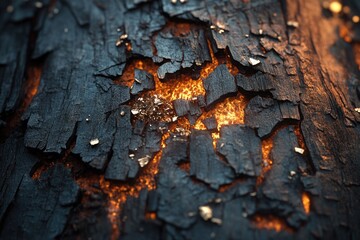 Close-up of glowing embers within cracked, charred wood, revealing inner fire.