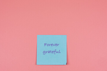 Sticky note with thank you word in foreground with copy space on pink background