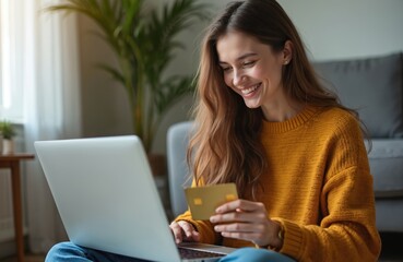 Young woman happily shops online using laptop, credit card at home. She wears yellow sweater, blue jeans, sitting casually. Enjoying e-commerce convenience, e-business growth, online purchases.