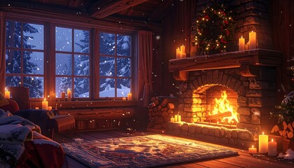 Cozy Christmas cabin scene by the fireplace