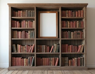 Vintage wooden bookshelf filled with diverse books. Shelves hold many volumes of various sizes, colors, accented by blank white picture frame on lower shelf. Rustic wood furniture creates cozy,