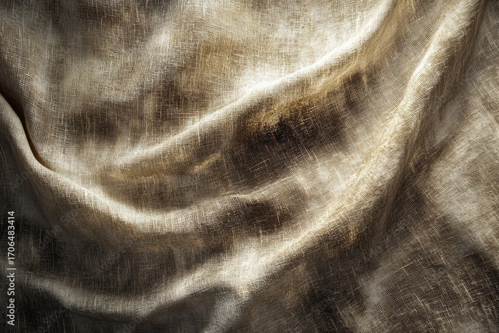 Aufkleber close-up of textured beige fabric with wrinkles and folds, showing its rough surface and subtle vari