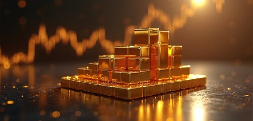 Golden cubes form ascending bar chart. Blurred golden stock graph overlay background. Ray tracing, golden light effects. Represents financial growth, investment success, economic prosperity, wealth