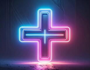 Neon plus sign in a dark futuristic setting