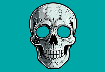 Fototapeta premium Decorative Human Skull Illustration with Ornate Patterns on Teal Background Día de los Muertos Calavera Design Blending Anatomy and Artistic Flourish 