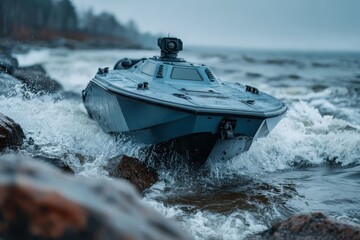Advanced Unmanned Surface Vessel Navigating Choppy Waters Near Rocky Coastline Under Overcast Sky