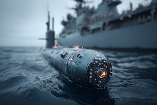 Advanced autonomous underwater vehicle surfacing near a naval vessel at sea. - Powered by Adobe