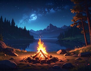 Night campfire by a lake