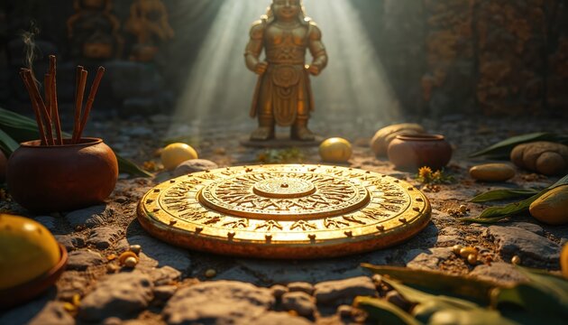 Golden sun disk artifact Inti rests on ceremonial altar. Sacred offerings include coca leaves, incense. Inti Raymi celebration, Andes culture, ancient South American ritual. - Powered by Adobe