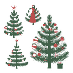 Christmas Tree Vector Set with Decorative Ornaments and Festive Holiday Elements