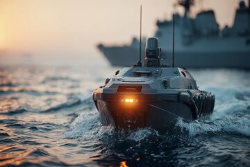 Advanced unmanned surface vessel (USV) at sea with a warship at sunset.