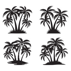 Palm Tree Silhouette Vector Set with Tropical Island and Exotic Nature Illustrations