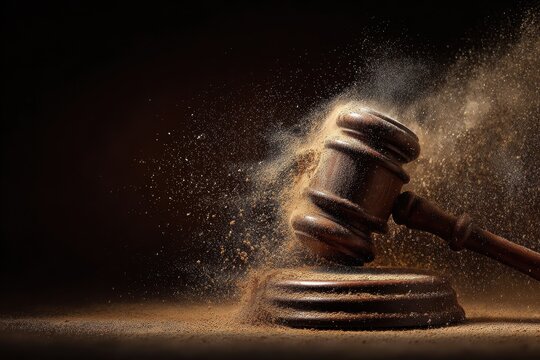 Dramatic Gavel Strike with Exploding Dust Cloud, Symbolizing Justice and Legal Authority.