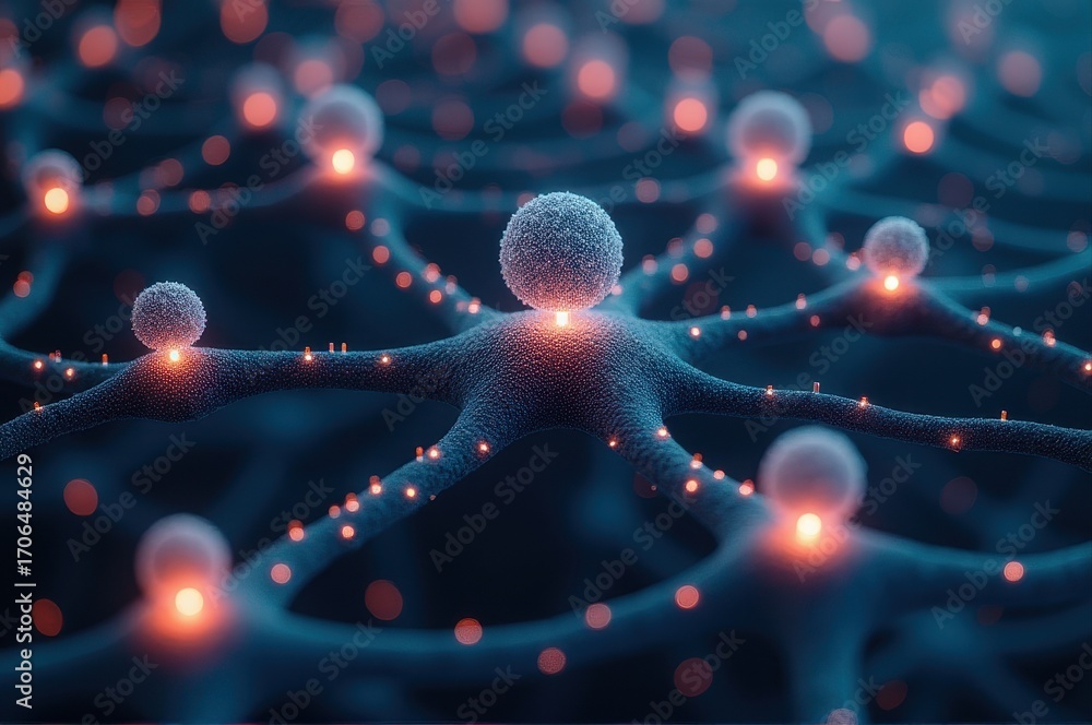 Poster abstract digital network with spherical nodes connected by glowing lines in futuristic design. techn