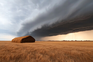 Dramatic storm over a golden field with a hay bale. Lightning streaks across the horizon, highlighting the contrast between calm and impending weather.