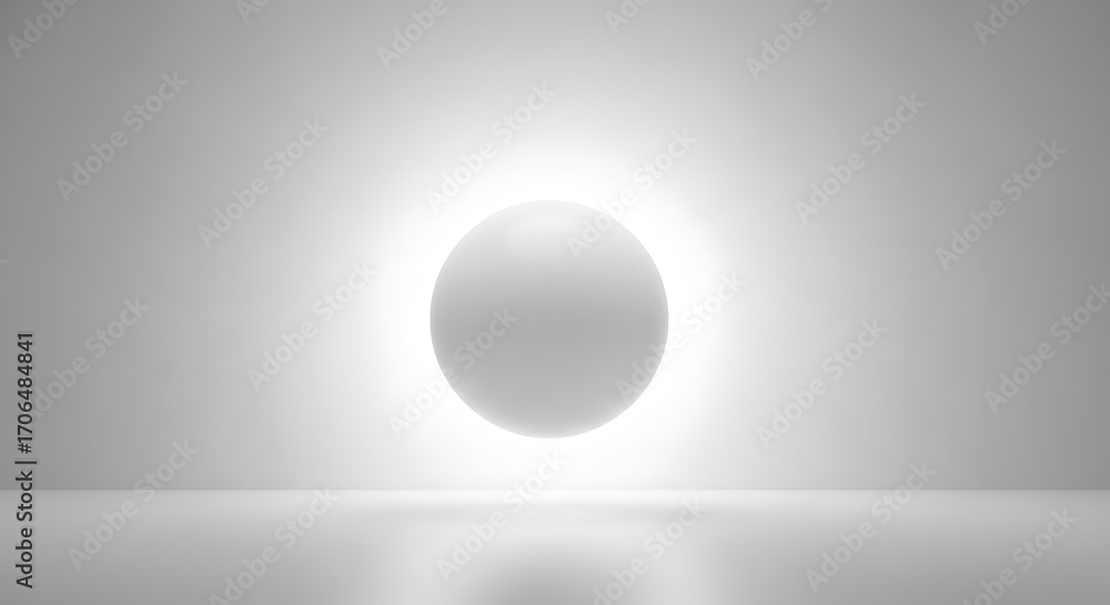 Poster abstract white glowing sphere floating in clean minimalist studio with reflections