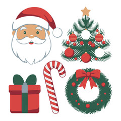 Santa Claus Face Vector with Christmas Tree, Gift Boxes and Festive Holiday Elements