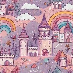 Fototapeta premium Seamless wallpaper design with cute cartoon castles, unicorns, rainbows, and fairies, dreamy pastel pink and lavender palette, playful and magical kids,Generative Ai 