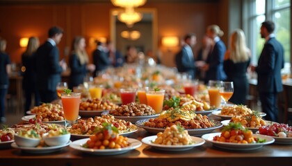 Pro office meeting buffet features diverse food platters, drinks. Colleagues enjoy meal, fostering team collaboration, conversation during corporate event. Catering service provides delicious