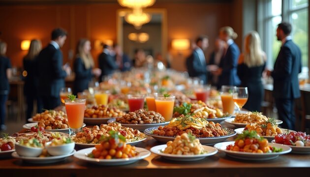 Pro office meeting buffet features diverse food platters, drinks. Colleagues enjoy meal, fostering team collaboration, conversation during corporate event. Catering service provides delicious