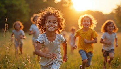 Diverse group of children joyfully run through sun-drenched meadow, laughter echoing freedom, camaraderie. Image celebrates inclusion, acceptance, beauty of childhood friendship, unity, support among
