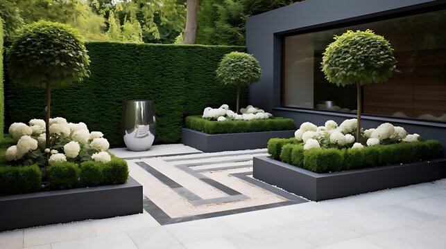 Elegant outdoor space featuring topiary trees and geometric paving creating a serene atmosphere