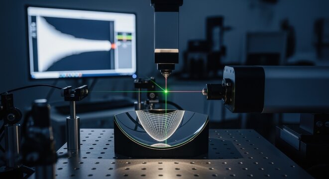 Laser interferometer system producing interference fringes over a concave mirror for surface contour evaluation.