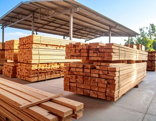 Piled lumber under a covered shed