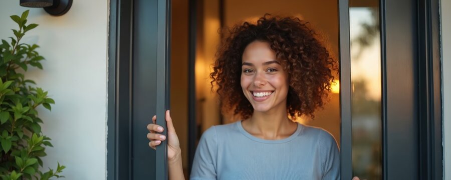 Cheerful young woman with curly hair smiles warmly, opening door to greet visitor at modern house entrance. Welcoming homeowner invites guest inside contemporary home, new beginnings, real estate - Powered by Adobe