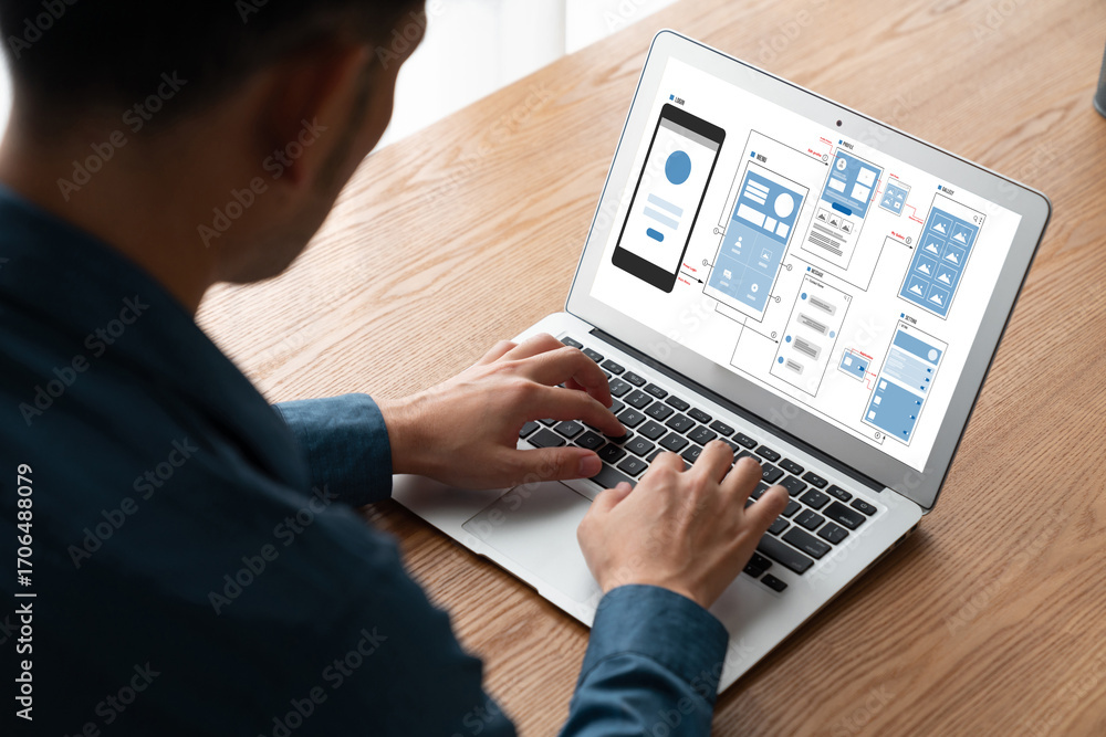 Poster ux ui design process for modish mobile application and website . creative prototype of wireframe for