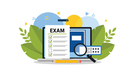 Flat illustration of exam checklist with pencil, laptop, and magnifying glass, symbolizing online learning, digital exams, study preparation, and modern education tools for students