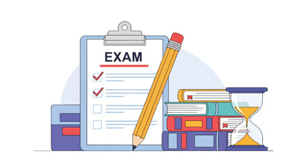 Flat illustration of exam checklist on clipboard with large pencil, books, and hourglass, symbolizing study preparation, academic testing, deadlines, and time management in education
