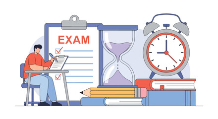 Flat illustration of student completing exam checklist at desk with books, clock, and hourglass, symbolizing study preparation, academic deadlines, focus, and time management in education