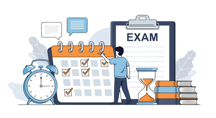 Flat illustration of student marking calendar for exam preparation with books, clock, and checklist, symbolizing study planning, academic schedule, deadlines, and time management in education