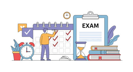 Flat illustration of student marking calendar for exam preparation with books, clock, and checklist, symbolizing study planning, academic schedule, deadlines, and time management in education