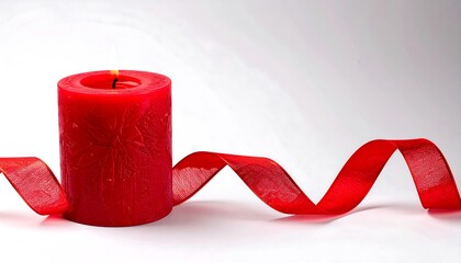 Red candle and ribbon on white background