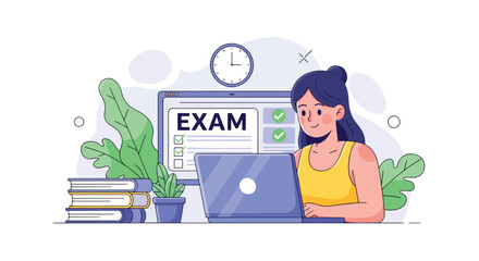 Flat illustration of student taking online exam on laptop with checklist and books, representing digital education, e-learning, study preparation, and academic testing in modern learning environment