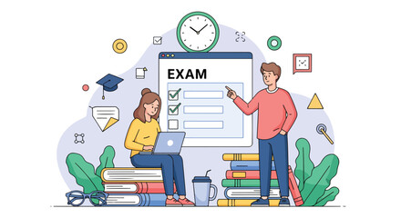 Flat illustration of students preparing for online exam with laptop, checklist, and timer, symbolizing study, digital education, testing, and academic preparation in modern learning environment
